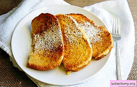 الخبز في الحليب في مقلاة خبز محمص ، حلو ، حار ، وإلى المرق. يقلى الخبز المحمص الذهبي في الحليب في مقلاة