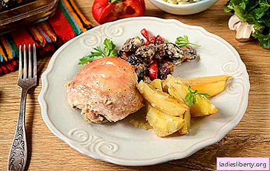 ベイクドチキンとポテト：ステップバイステップの写真レシピ。鶏肉をジャガイモ、コショウ、マッシュルームで焼く-最小限の労力でおいしい結果が得られます！