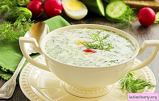 Okroshka in Tan - Frische mit Säure. Rezepte der köstlichen kalten Suppe: Okroschka in einer Bräune mit Fleisch, Wurst, Meeresfrüchten