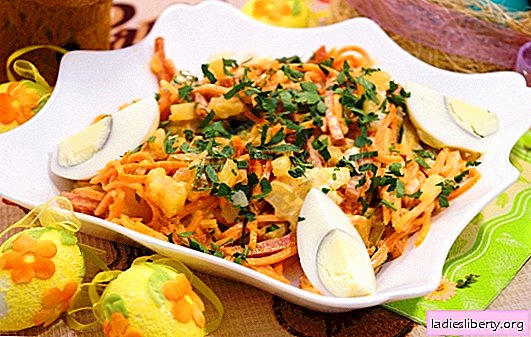 En fremragende base af salat er koreanske gulerødder med pølse. Koreanske gulerodssalater med pølse og andre ingredienser
