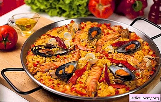 Morské paella - pilaf španielskym spôsobom. Varenie paella s morskými plodmi a fazuľami, kukurica, hrach, ryby