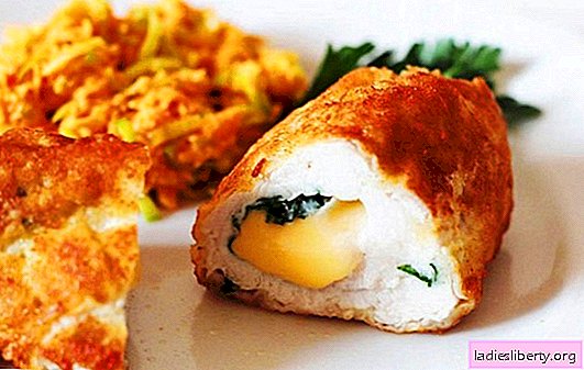 Chopped and natural - chicken rolls with cheese of different varieties. Chicken rolls with cheese and prunes, dried apricots, bacon