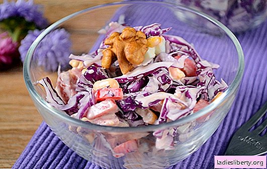 Rode koolsalade - helder, smakelijk, vitamine! Hoe maak je snel rode koolsalade met peper, maïs, worst en eieren