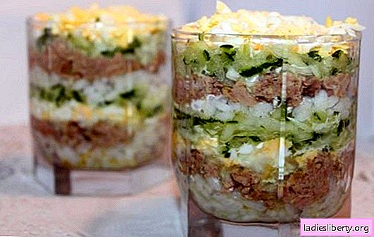 Salada de fígado de bacalhau com arroz - opções de cozinhar para um lanche saudável. Receitas de salada de fígado de bacalhau com arroz: simples e folhado