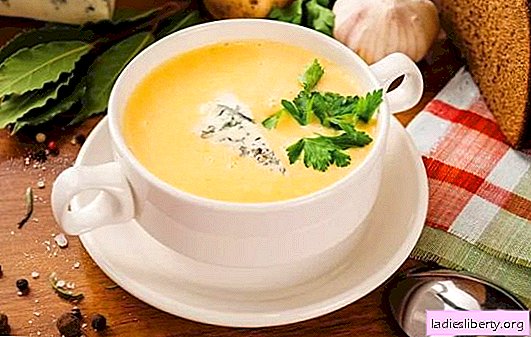 Soupe au fromage selon une recette pas à pas à partir de fromages fondus et à pâte dure. Recettes pour soupe au fromage avec légumes, poulet, riz, crème