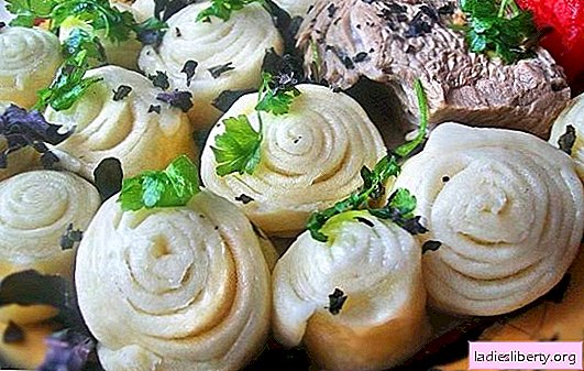 Puff khinkali - cuộn ngon! Công thức nấu ăn khác nhau của Puff khinkali với rau, thịt và thịt băm, hấp, trong lò nướng, trong một cái vạc