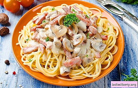 Spaghetti med svampe i en cremet sauce - chic pasta! Muligheder for spaghetti med svampe i ægte gourmet cremet sauce