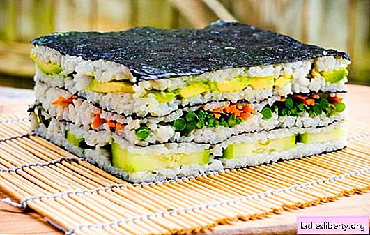 Gâteau de sushi: lumineux et élégant! Faire un gâteau de sushi avec du poisson rouge, des crevettes, des bâtonnets de crabe, du caviar