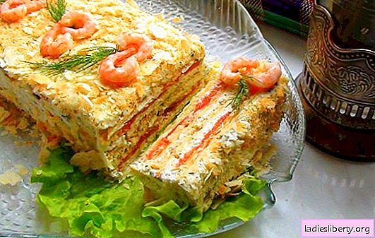 Pastel hecho de tartas con productos enlatados - decoración de la mesa! Jugoso pastel de tortas con conservas y verduras, queso, huevos, palillos, caviar.